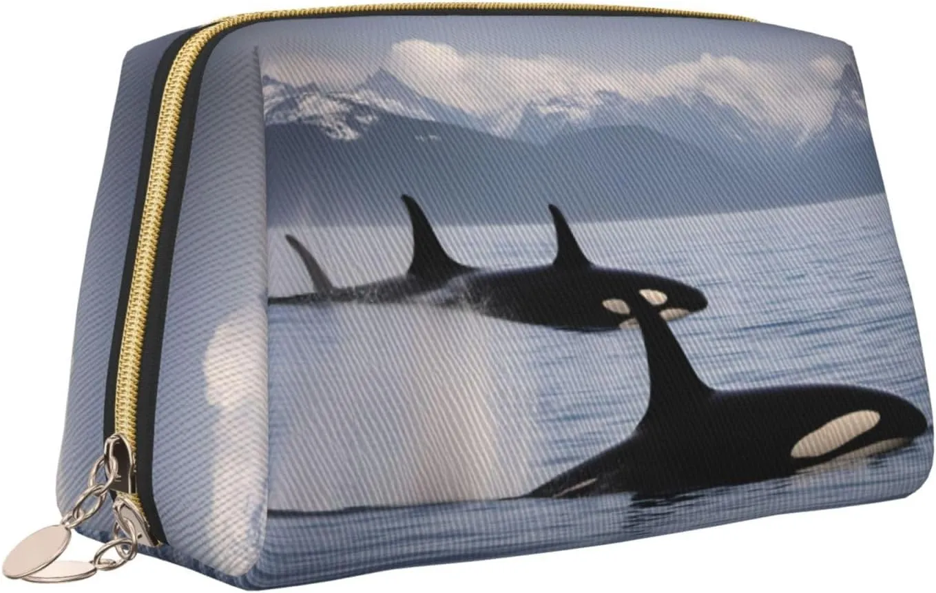 Killer Whales Swim Along Leather Toiletry Travel Bag, Compact Makeup Organizer For Women