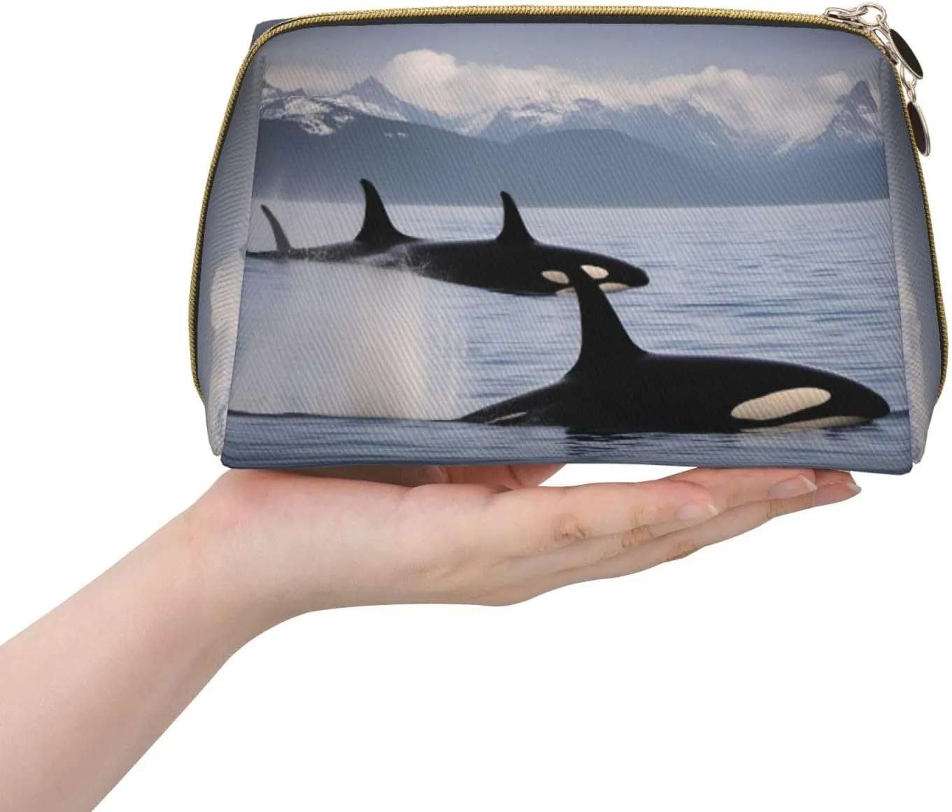 Killer Whales Swim Along Leather Toiletry Travel Bag, Compact Makeup Organizer For Women