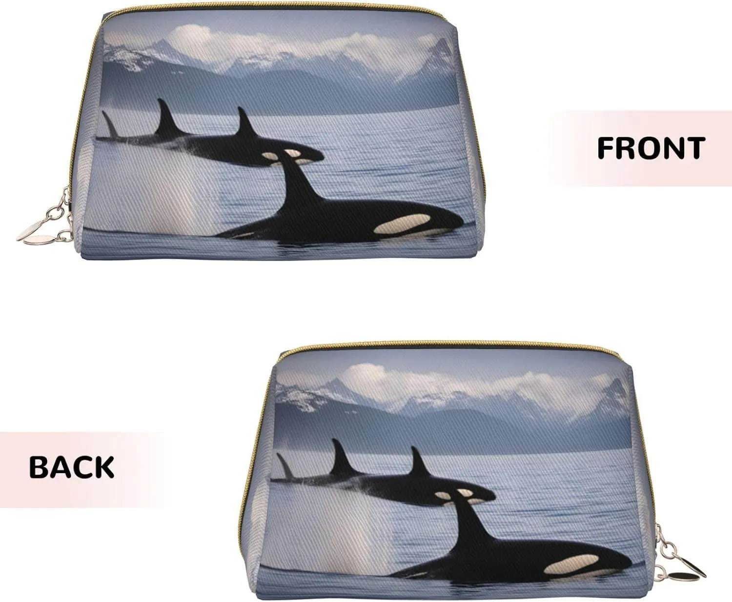 Killer Whales Swim Along Leather Toiletry Travel Bag, Compact Makeup Organizer For Women