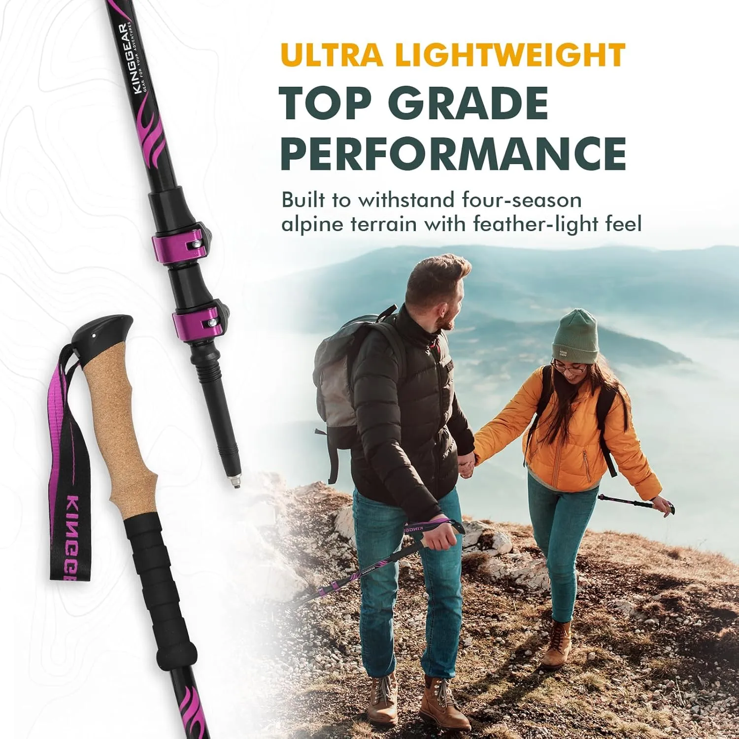 KINGGEAR TPC 100% Carbon Fiber Hiking Poles, Telescopic Retractable Nordic Trekking Poles, Ultra Lightweight Nordic Walking Stick, Metal Flip Locks, Cork and Extended EVA Handle