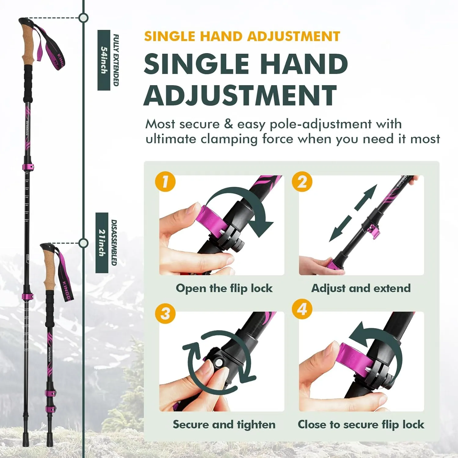 KINGGEAR TPC 100% Carbon Fiber Hiking Poles, Telescopic Retractable Nordic Trekking Poles, Ultra Lightweight Nordic Walking Stick, Metal Flip Locks, Cork and Extended EVA Handle