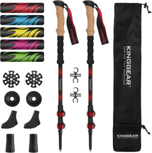 KINGGEAR TPC 100% Carbon Fiber Hiking Poles, Telescopic Retractable Nordic Trekking Poles, Ultra Lightweight Nordic Walking Stick, Metal Flip Locks, Cork and Extended EVA Handle