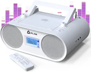 KLIM Boombox B4 CD Player Portable Audio System - New - AM/FM Radio with CD Player MP3 Bluetooth AUX USB - Wired & Wireless Mode Rechargeable Battery - Remote Control Autosleep Digital EQ White