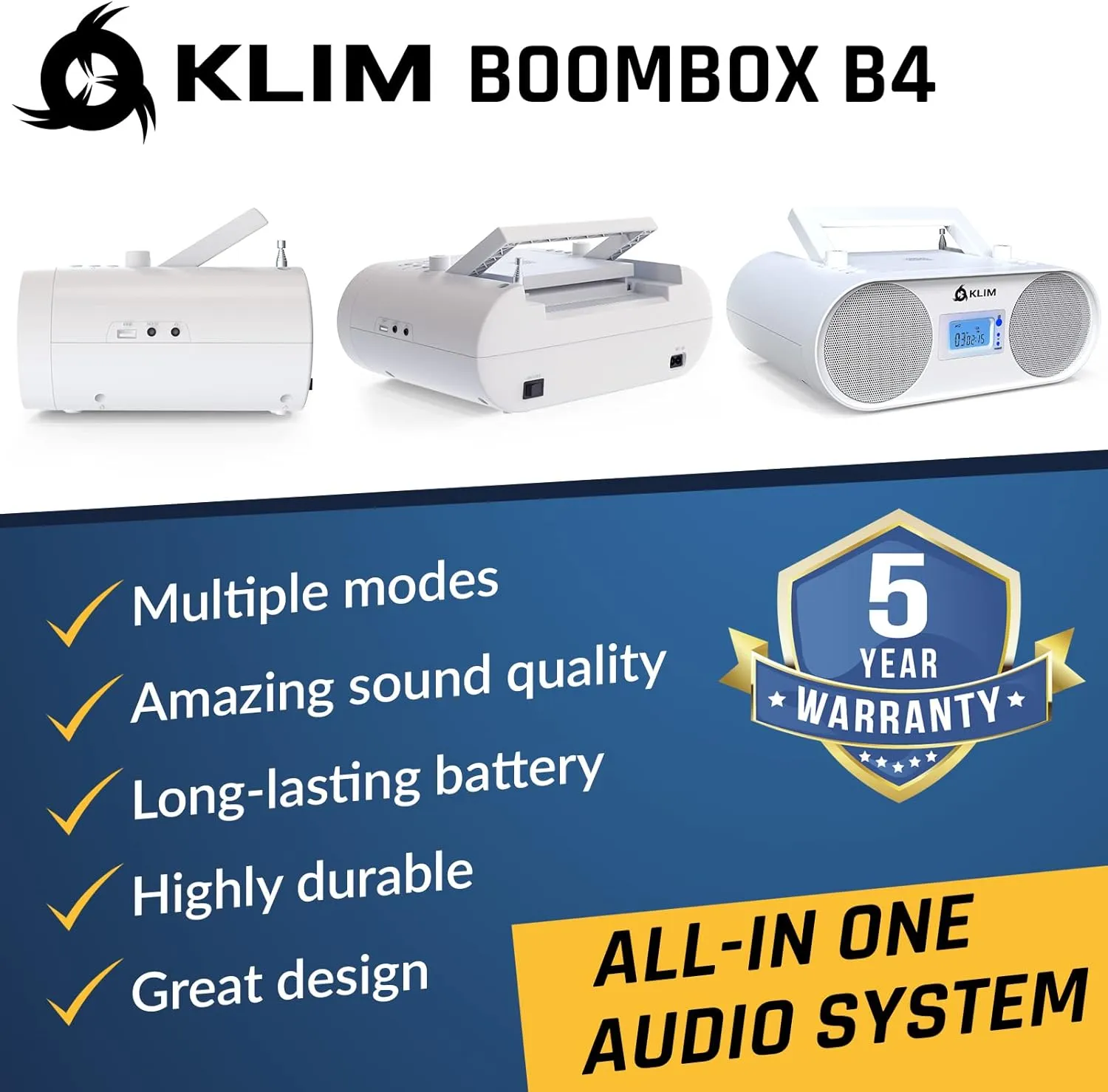 KLIM Boombox B4 CD Player Portable Audio System - New - AM/FM Radio with CD Player MP3 Bluetooth AUX USB - Wired & Wireless Mode Rechargeable Battery - Remote Control Autosleep Digital EQ White