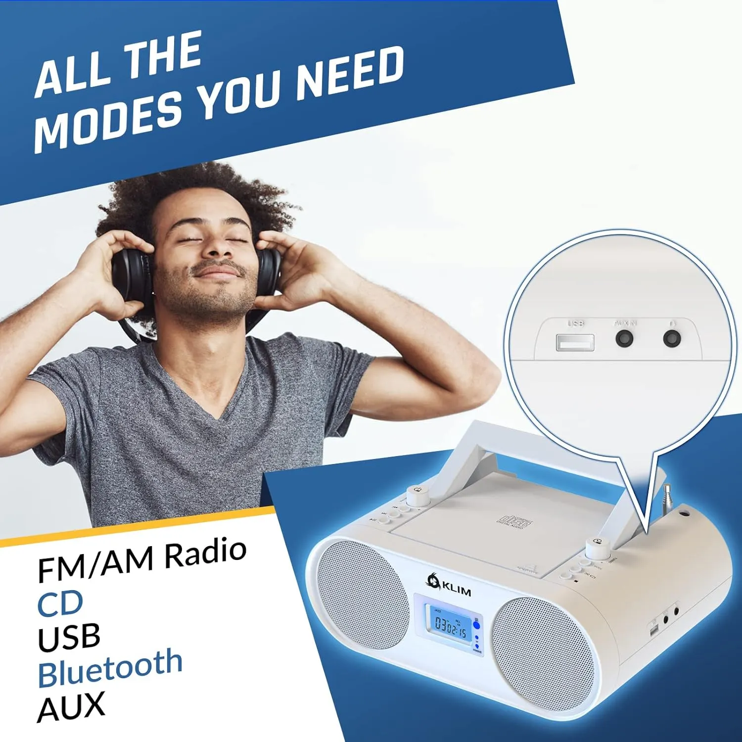 KLIM Boombox B4 CD Player Portable Audio System - New - AM/FM Radio with CD Player MP3 Bluetooth AUX USB - Wired & Wireless Mode Rechargeable Battery - Remote Control Autosleep Digital EQ White
