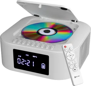 KLIM Boombox E1 - CD Player Portable Audio System   Extra BASS with Subwoofer   FM Radio, CD MP3 Bluetooth AUX USB   Wired and Wireless Mode Rechargeable Battery   Remote Control - White
