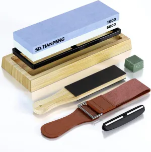 Knife Sharpening Stone Set – Dual Grit Whetstone 1000/6000 Knife Sharpener with Leather Strop, Flattening Stone, Bamboo Base, 3 Non-slip Rubber Bases & Angle Guide