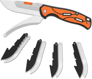 KNINE OUTDOORS Hunting Double Blade Pocket Knife with Replaceable Blades and Clip, Skinning Knife, Gutting Knife, EDC Knife for Deer Hunting, with 9 Blades (Orange)