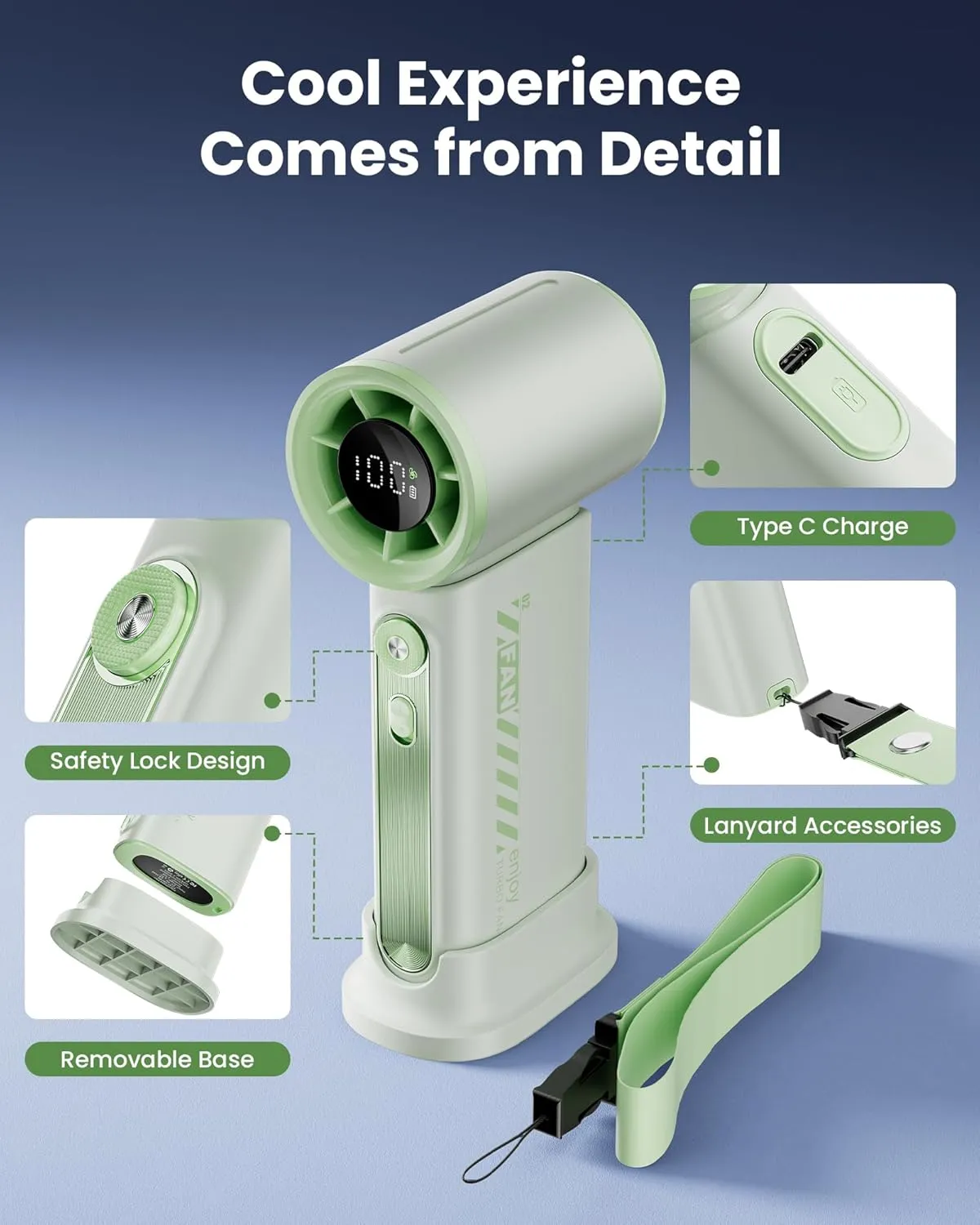 Koonie 19000 RPM High Speed Portable Handheld Fan,100 Speeds Mini Turbo Fan, 3600mAh, 12H Max Cooling Time, Digital Display, 5" Height, Rechargeable Hand Fan for Outdoor Indoor Green
