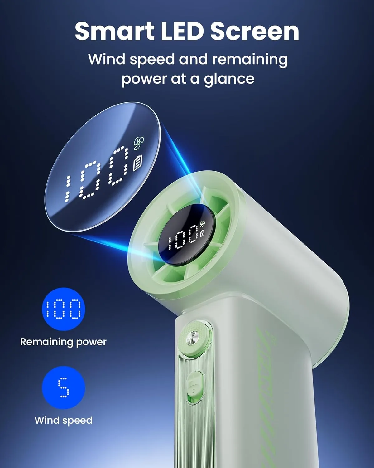 Koonie 19000 RPM High Speed Portable Handheld Fan,100 Speeds Mini Turbo Fan, 3600mAh, 12H Max Cooling Time, Digital Display, 5" Height, Rechargeable Hand Fan for Outdoor Indoor Green