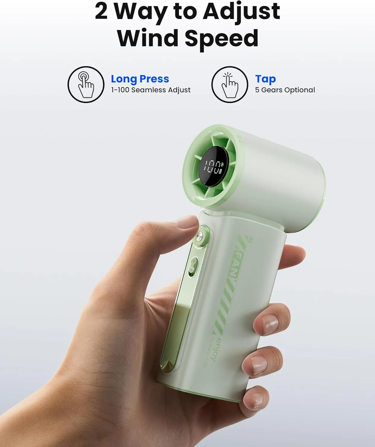 Koonie 19000 RPM High Speed Portable Handheld Fan,100 Speeds Mini Turbo Fan, 3600mAh, 12H Max Cooling Time, Digital Display, 5" Height, Rechargeable Hand Fan for Outdoor Indoor Green
