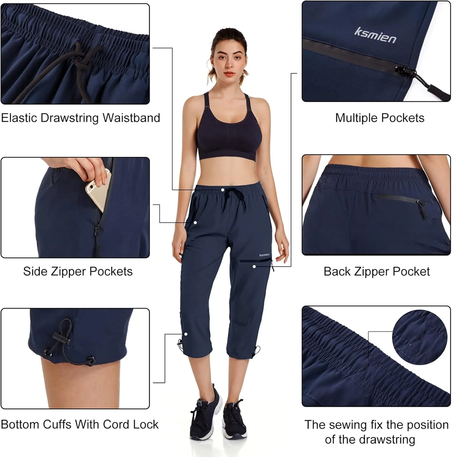 Ksmien Women's Lightweight Hiking Capri Pants Quick Dry Workout Cargo Capris Water Resistant UPF 50  Zipped Pockets
