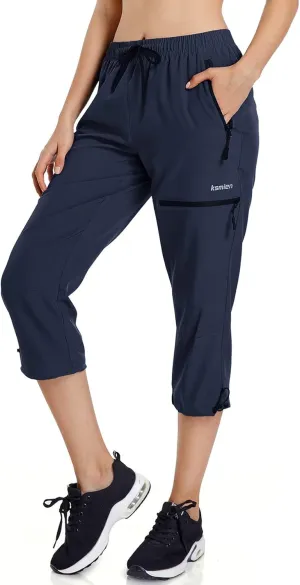 Ksmien Women's Lightweight Hiking Capri Pants Quick Dry Workout Cargo Capris Water Resistant UPF 50  Zipped Pockets
