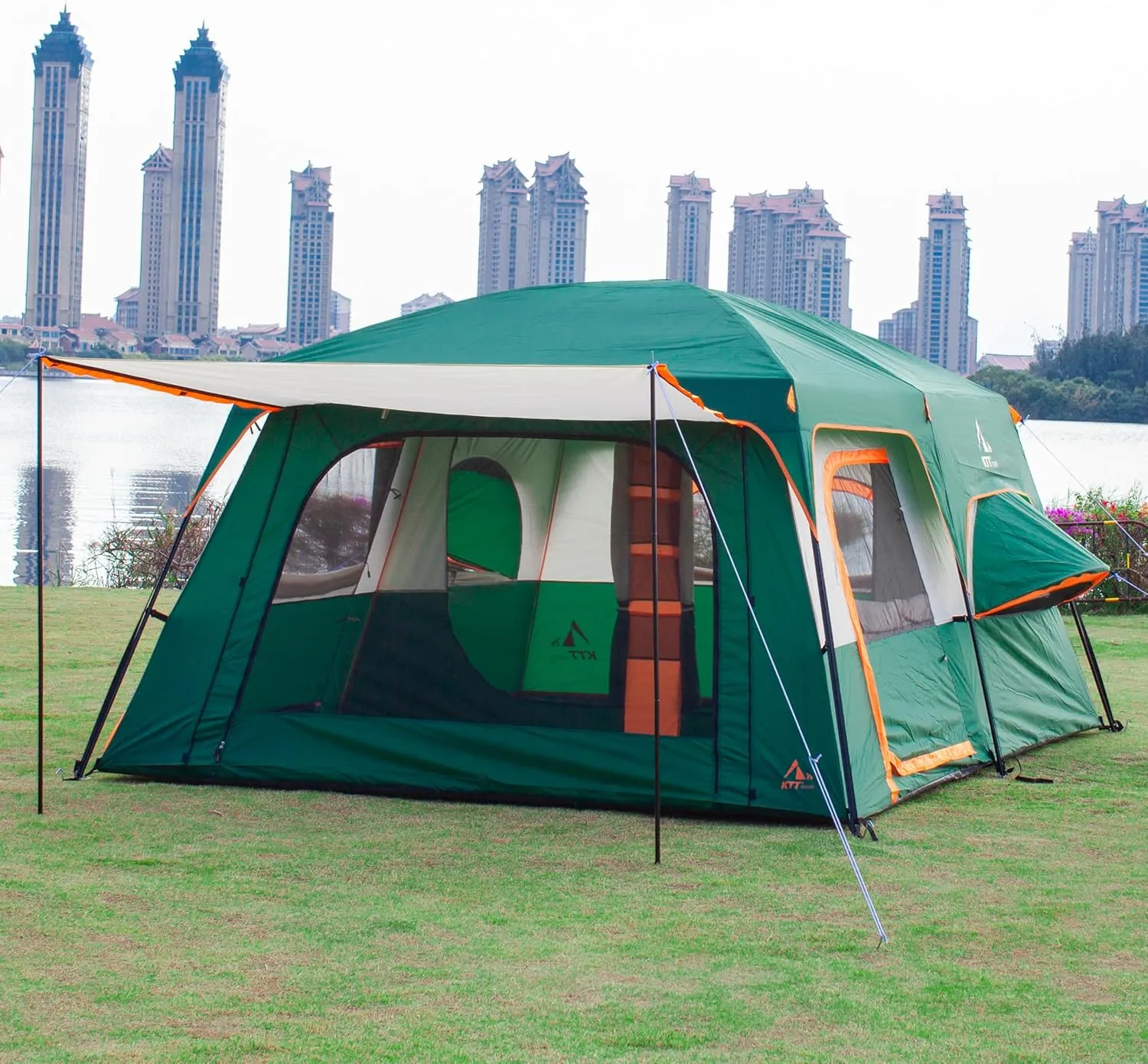 KTT Large Family Cabin Tent 10-12 Person,14.1X10X6.58ft,2 Rooms,3 Storage Pockets,2 Bay-Windows 3 Doors and 3 Windows with Mesh,Straight Wall,Waterproof,Double Layer,Big Tent for Outdoor,Camping