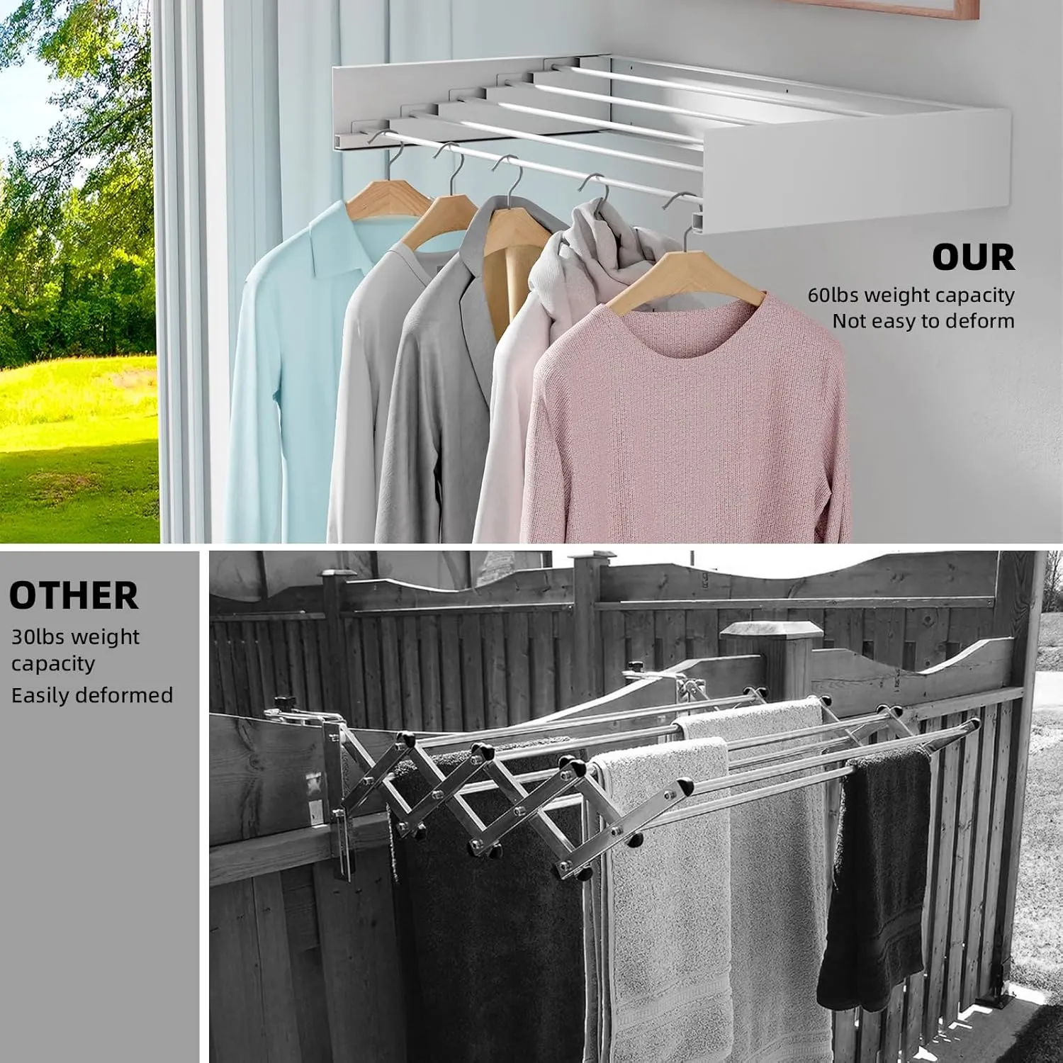 Laundry Drying Rack Collapsible, Wall Mounted, Clothes Drying Rack, 40" Wide, 16.5 Linear Ft, 5 Aluminum Rods, 60 lb Capacity, Laundry Racks for Drying Clothes with Wall Template(White 40" Large)