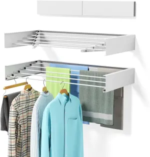 Laundry Drying Rack Collapsible, Wall Mounted, Clothes Drying Rack, 40" Wide, 16.5 Linear Ft, 5 Aluminum Rods, 60 lb Capacity, Laundry Racks for Drying Clothes with Wall Template(White 40" Large)