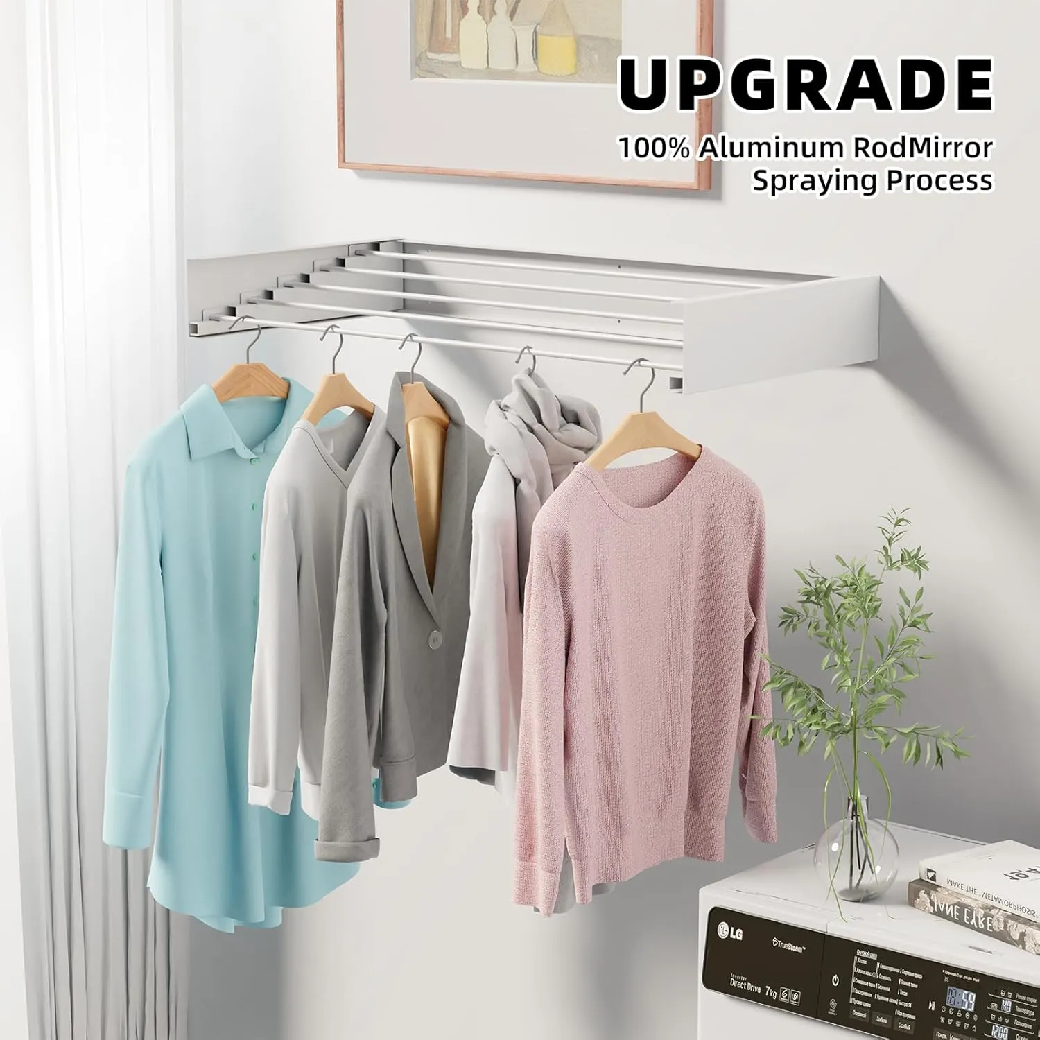 Laundry Drying Rack Collapsible, Wall Mounted, Clothes Drying Rack, 40" Wide, 16.5 Linear Ft, 5 Aluminum Rods, 60 lb Capacity, Laundry Racks for Drying Clothes with Wall Template(White 40" Large)