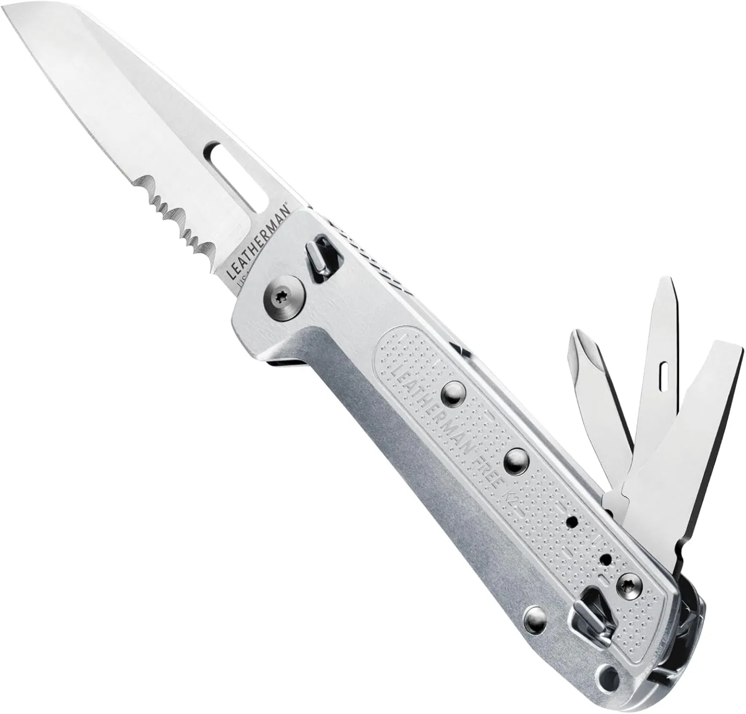 LEATHERMAN, FREE K2, Folding Pocketknife, 8-in-1 Multi-tool for Everyday Carry (EDC), Home & Outdoors, Made in USA, Silver (K2X with Serrated Blade)