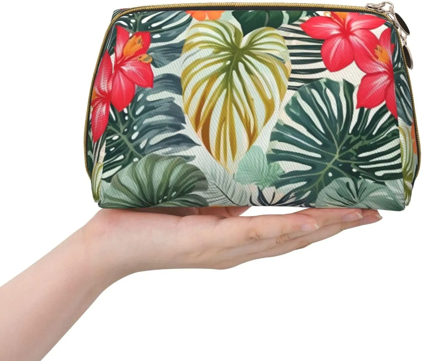 Leaves With Hibiscus Toiletry Pouch, Travel-Friendly Makeup Organizer For Makeup Brushes, Lipsticks