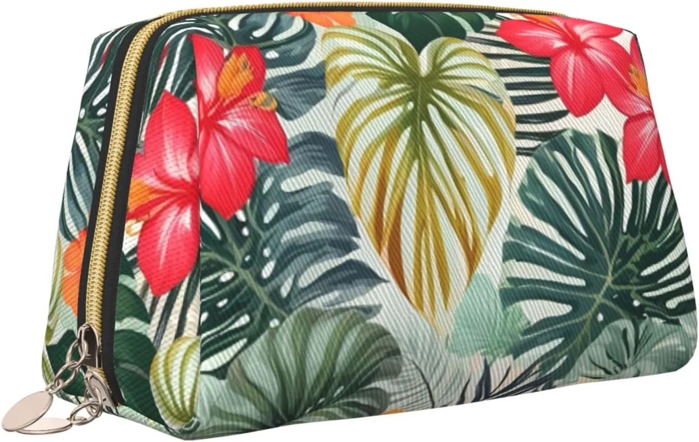Leaves With Hibiscus Toiletry Pouch, Travel-Friendly Makeup Organizer For Makeup Brushes, Lipsticks