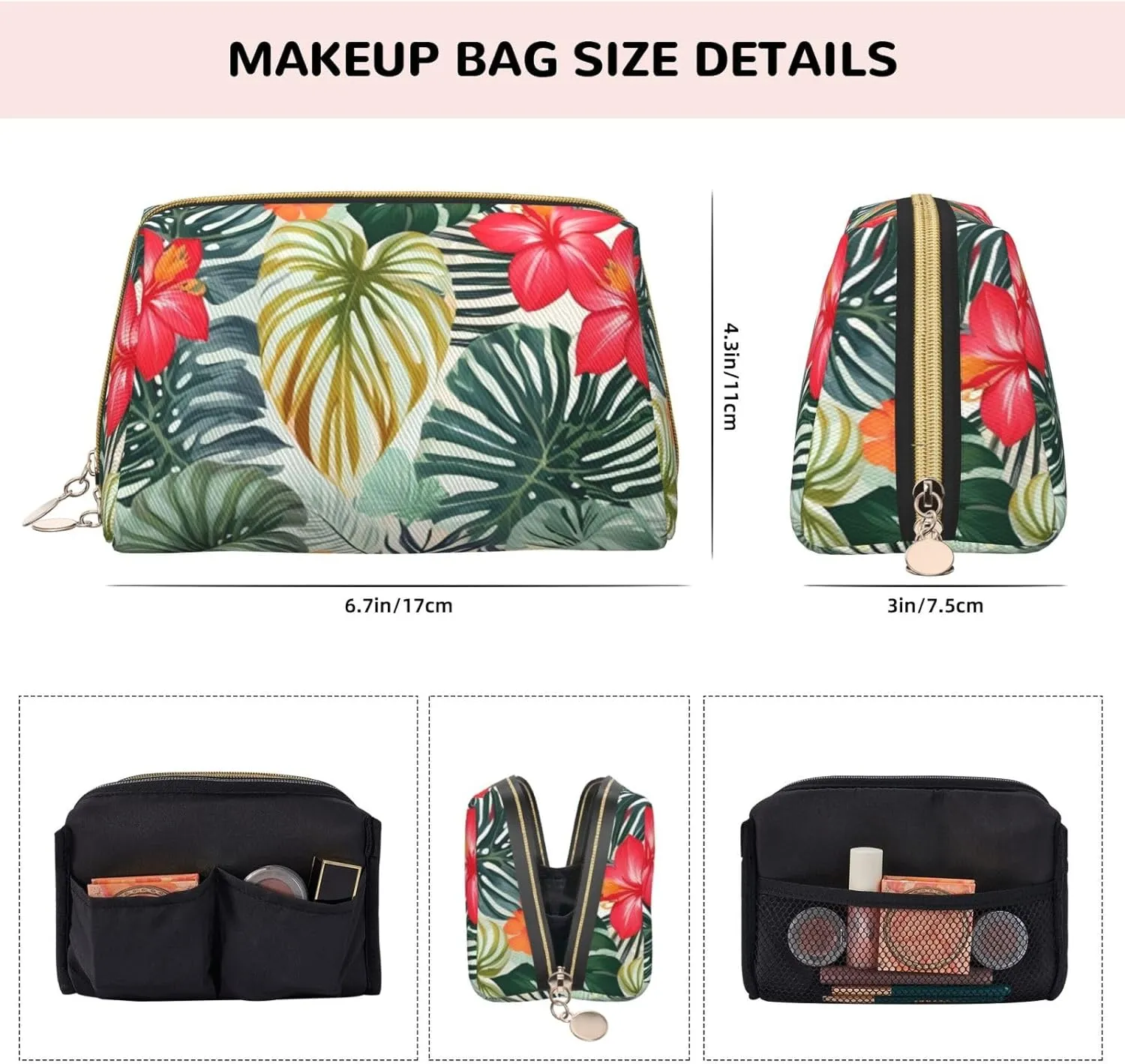 Leaves With Hibiscus Toiletry Pouch, Travel-Friendly Makeup Organizer For Makeup Brushes, Lipsticks