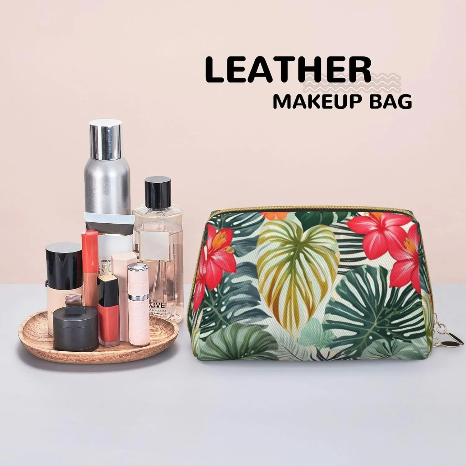Leaves With Hibiscus Toiletry Pouch, Travel-Friendly Makeup Organizer For Makeup Brushes, Lipsticks