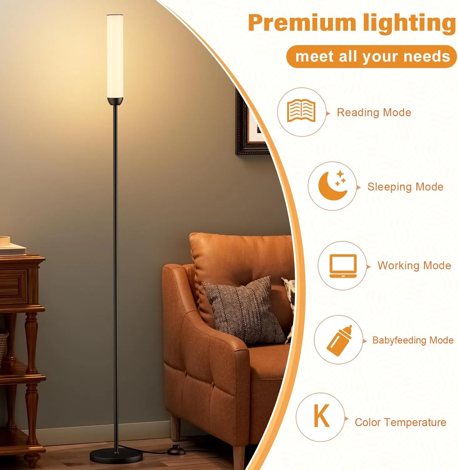 LED Floor Lamp with Remote Control, 65" Standing Lamp with Stepless Adjustable 3000K-6500K Colors & 5%-100% Brightness, Foot Switch(Black)