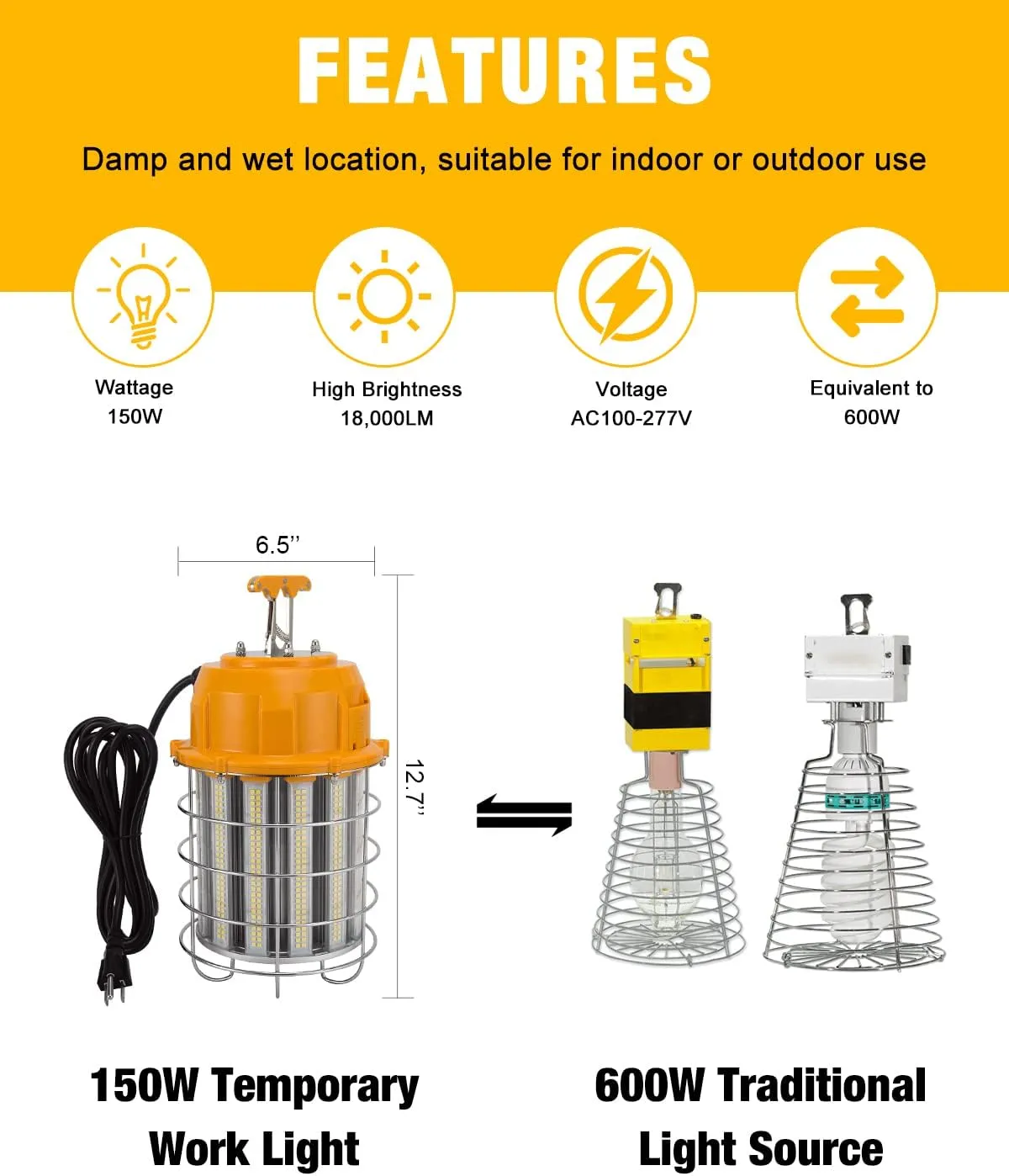 LED Temporary Work Light 150W, 5000K 18,000lm Outdoor Construction Lights Job Site Lighting 15ft Cord IP65 Dust Waterproof Hanging Lighting