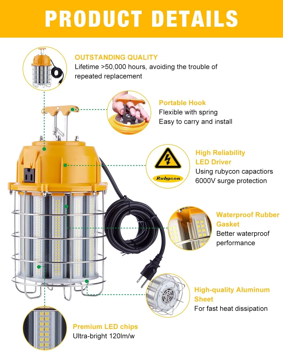 LED Temporary Work Light 150W, 5000K 18,000lm Outdoor Construction Lights Job Site Lighting 15ft Cord IP65 Dust Waterproof Hanging Lighting