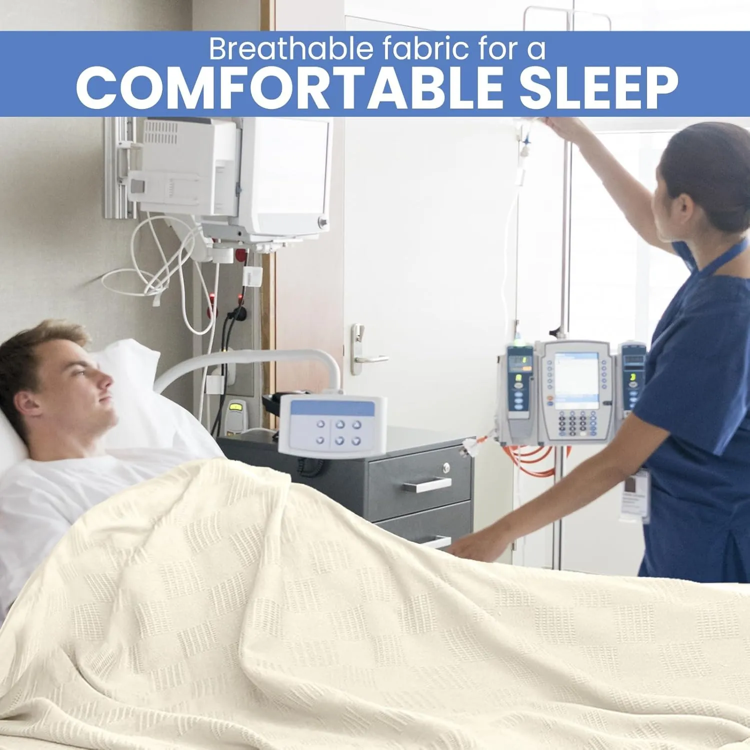 Linteum Textile Hospital Thermal SNAGLESS Spread Blanket, 100% Cotton (74x100 in, Cream)
