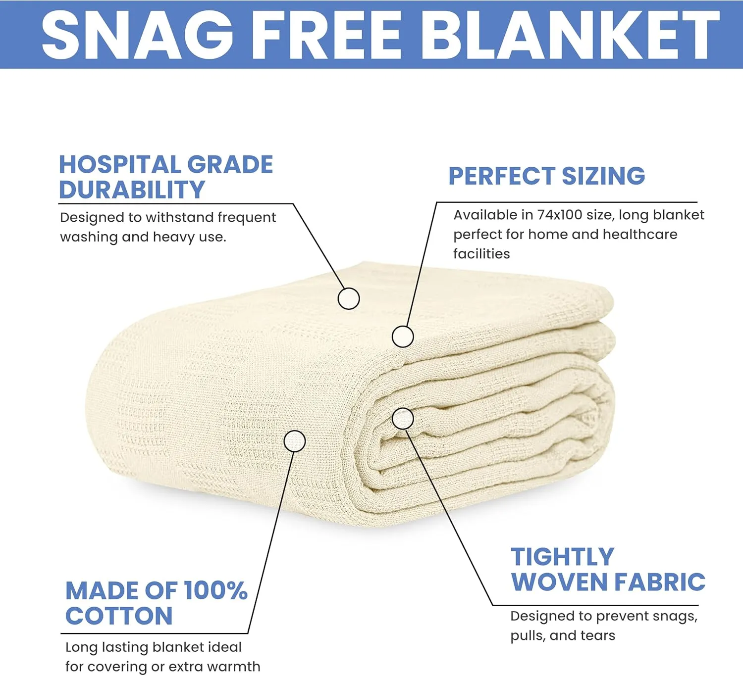 Linteum Textile Hospital Thermal SNAGLESS Spread Blanket, 100% Cotton (74x100 in, Cream)