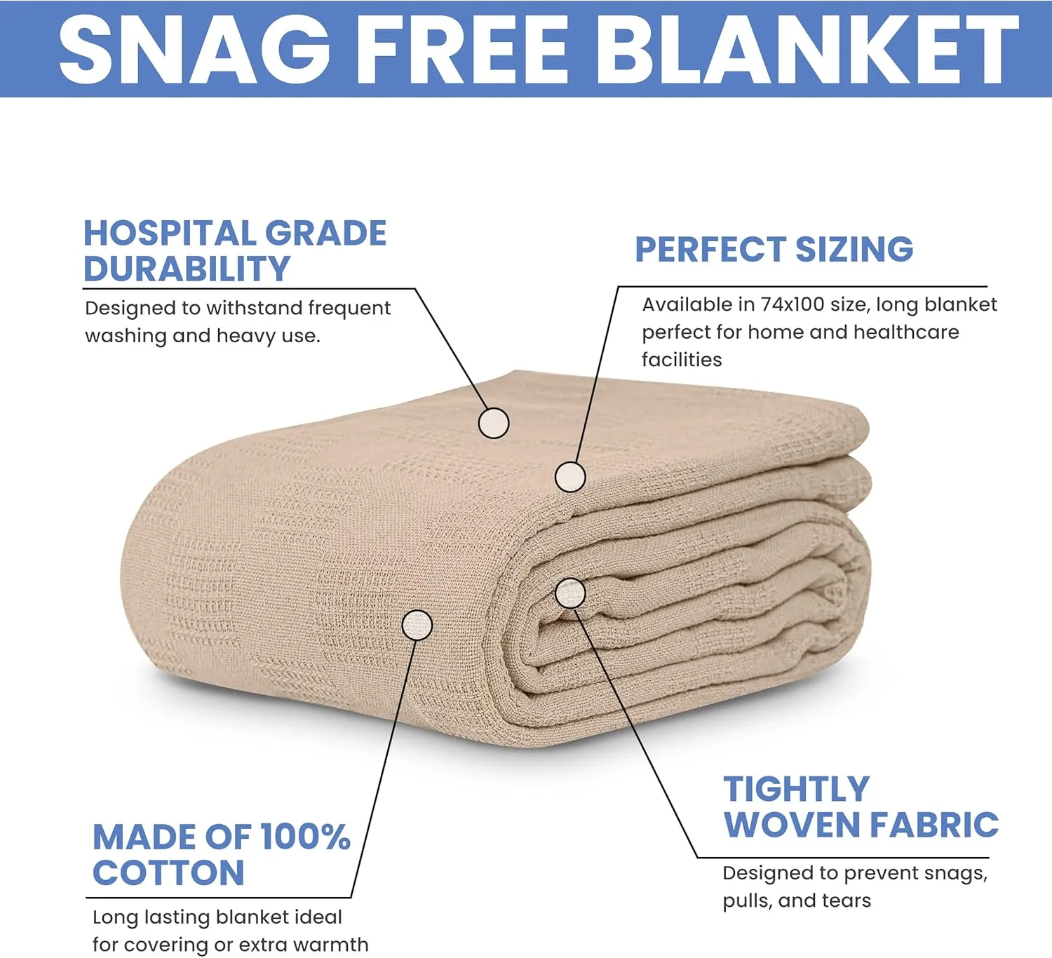 Linteum Textile Hospital Thermal SNAGLESS Spread Blanket, 100% Cotton (74x100 in, Taupe)