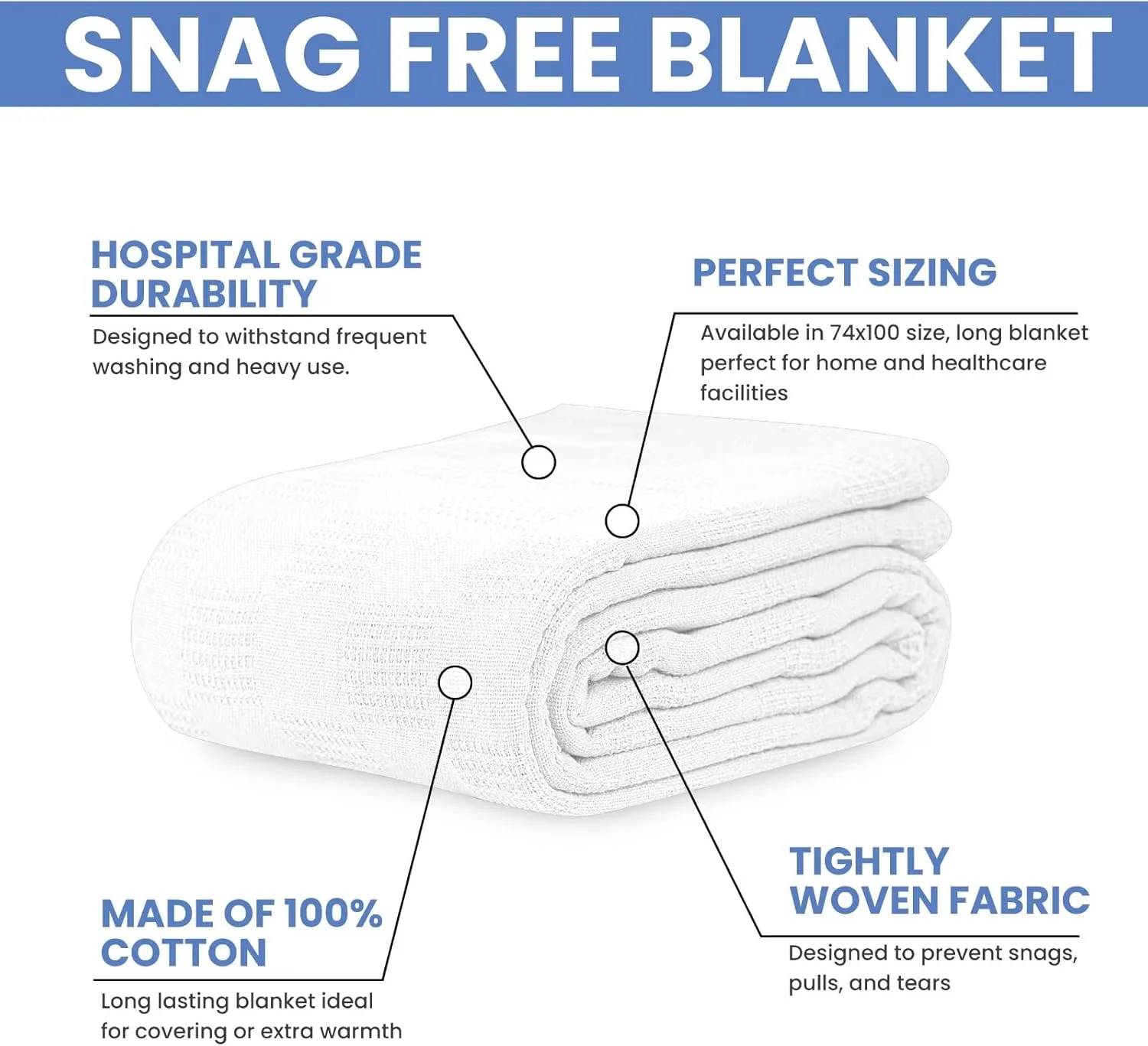 Linteum Textile Hospital Thermal SNAGLESS Spread Blanket, 100% Cotton (74x100 in, White)