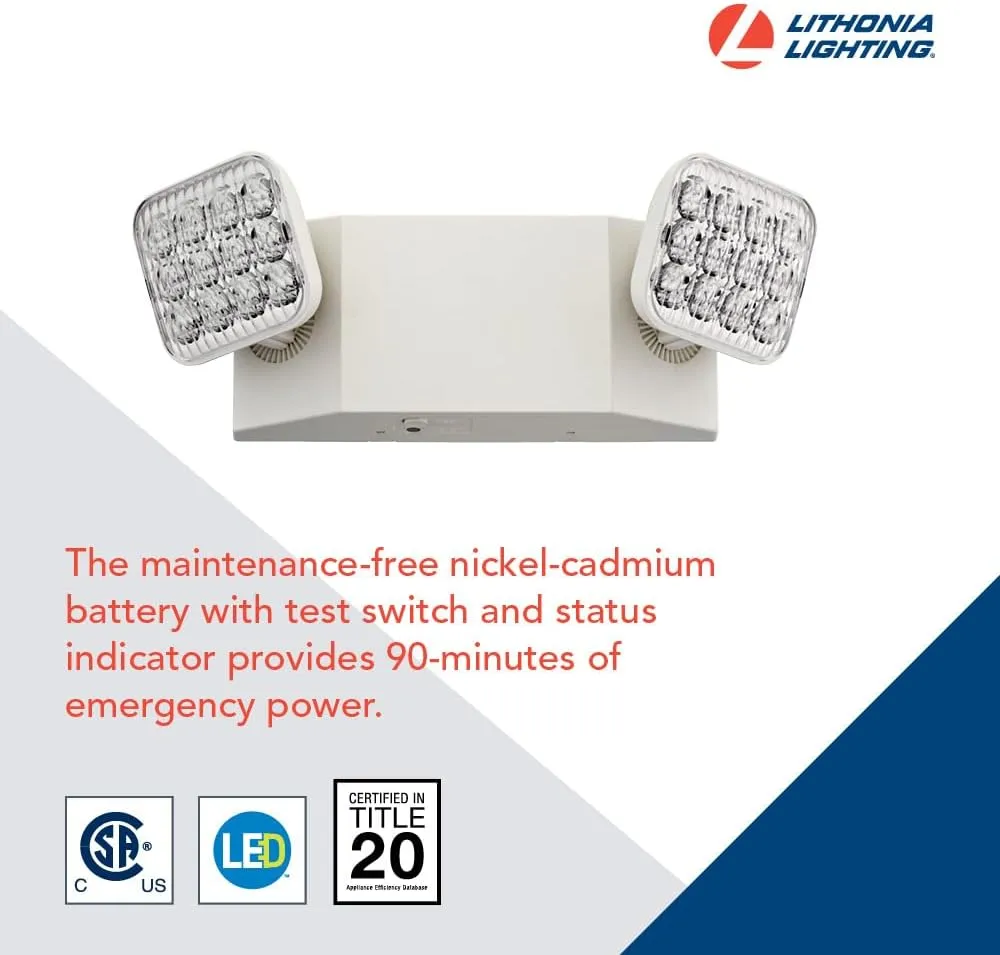 Lithonia Lighting Basics LED Emergency Light, Emergency Lighting with Dual Adjustable LED Lamp Heads, Wall Mount, Damp Location Rated, 90-Minute Backup, 120/277V, White (EU2C M6)