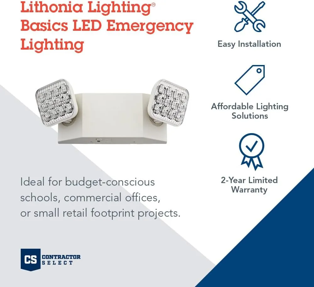 Lithonia Lighting Basics LED Emergency Light, Emergency Lighting with Dual Adjustable LED Lamp Heads, Wall Mount, Damp Location Rated, 90-Minute Backup, 120/277V, White (EU2C M6)