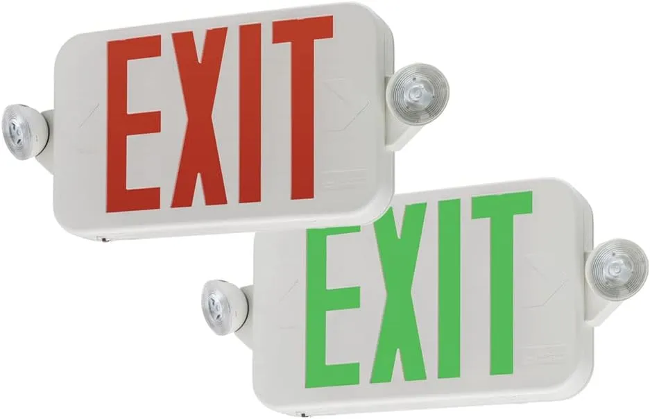 Lithonia Lighting Basics LED Exit Sign/Emergency Light Combo, Red/Green Switchable Exit Sign and Emergency Lights for Business, 2-Head Fixture, Round Lamp Heads, White (ECRG RD M6)