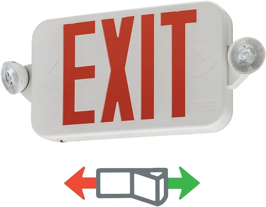Lithonia Lighting Basics LED Exit Sign/Emergency Light Combo, Red/Green Switchable Exit Sign and Emergency Lights for Business, 2-Head Fixture, Round Lamp Heads, White (ECRG RD M6)