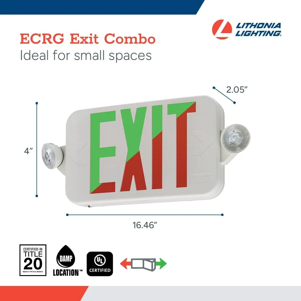 Lithonia Lighting Basics LED Exit Sign/Emergency Light Combo, Red/Green Switchable Exit Sign and Emergency Lights for Business, 2-Head Fixture, Round Lamp Heads, White (ECRG RD M6)