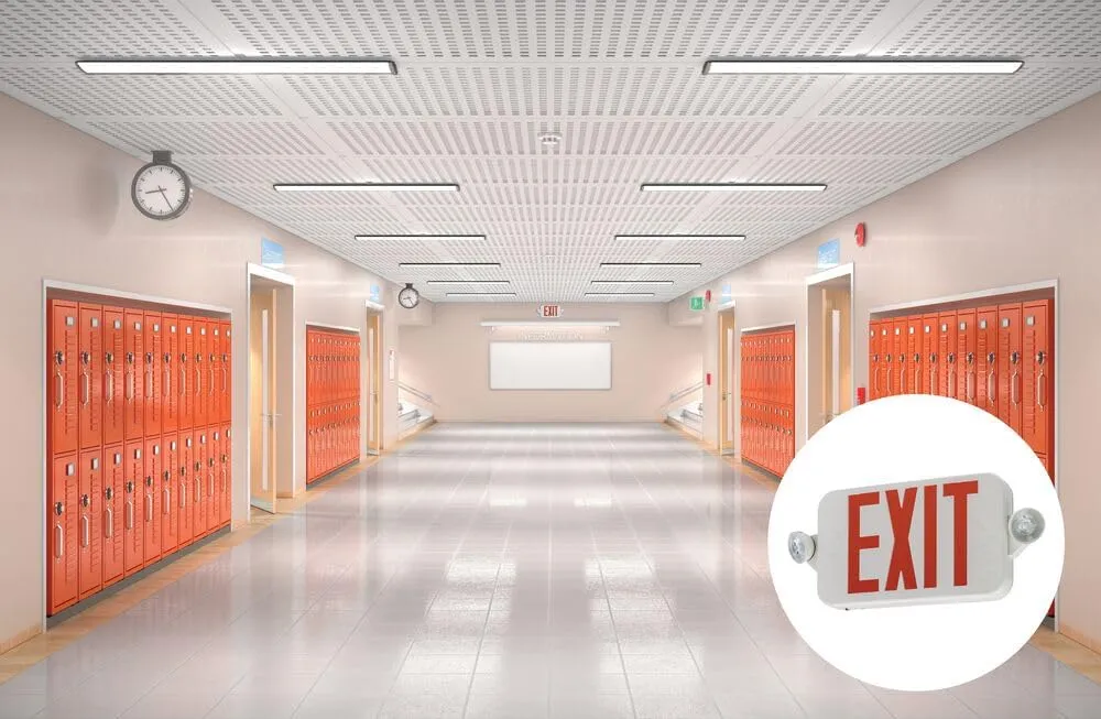 Lithonia Lighting Basics LED Exit Sign/Emergency Light Combo, Red/Green Switchable Exit Sign and Emergency Lights for Business, 2-Head Fixture, Round Lamp Heads, White (ECRG RD M6)