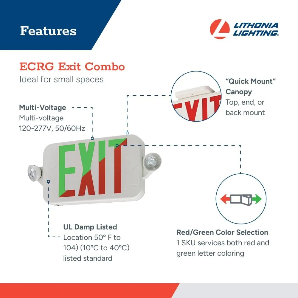 Lithonia Lighting Basics LED Exit Sign/Emergency Light Combo, Red/Green Switchable Exit Sign and Emergency Lights for Business, 2-Head Fixture, Round Lamp Heads, White (ECRG RD M6)