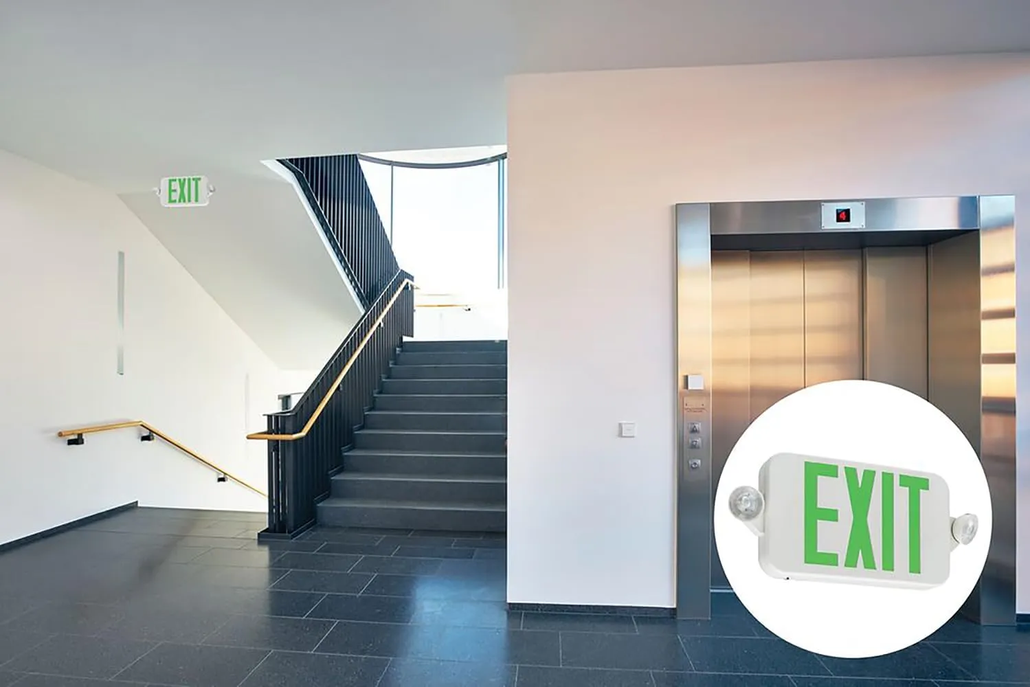 Lithonia Lighting Basics LED Exit Sign/Emergency Light Combo, Red/Green Switchable Exit Sign and Emergency Lights for Business, 2-Head Fixture, Round Lamp Heads, White (ECRG RD M6)