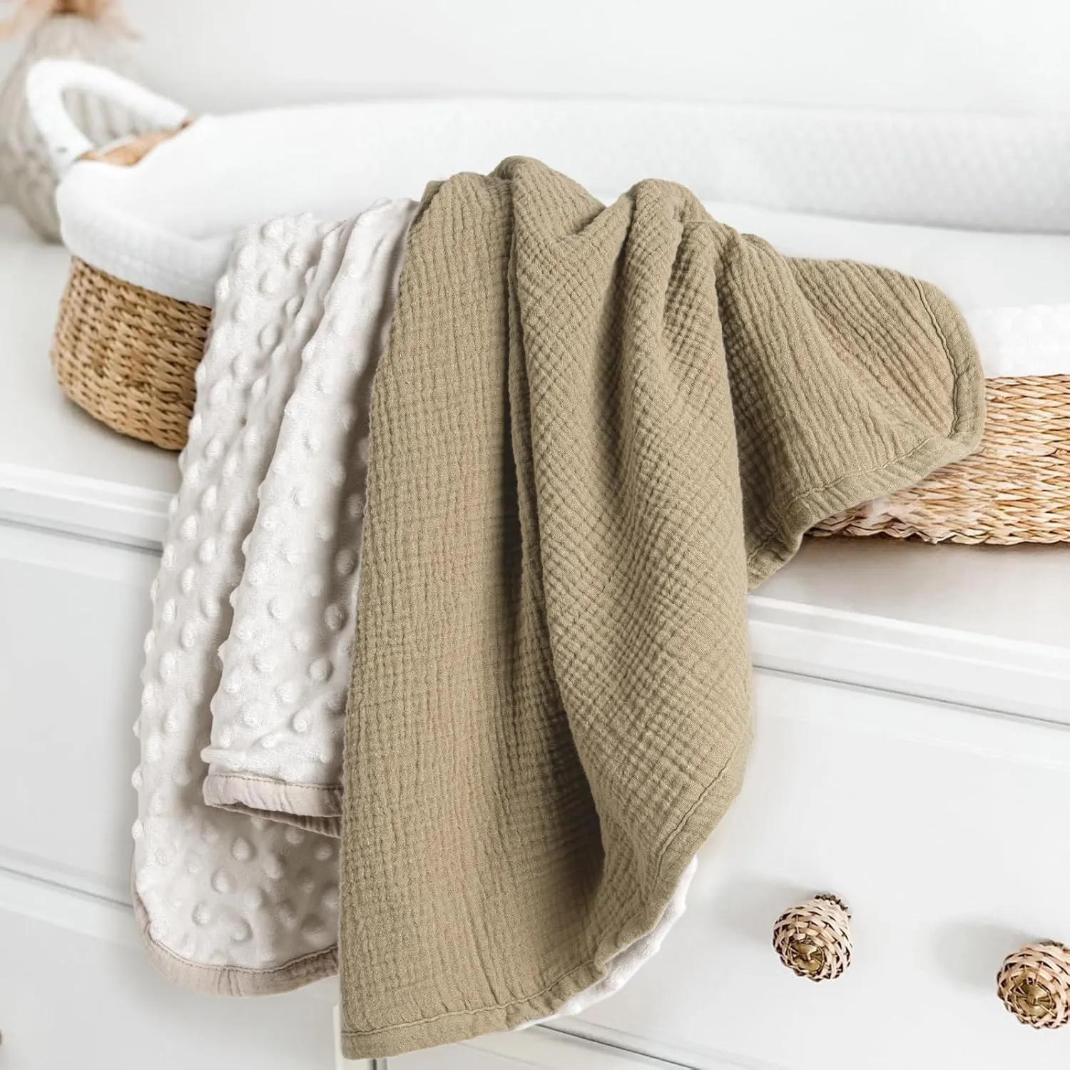 lulumoon Baby Blanket for Newborn Receiving: Muslin & Minky Dot Lightweight - Thermal Blanket Gift for Baby Shower & Hospital Welcoming 30"x40"（Olive）