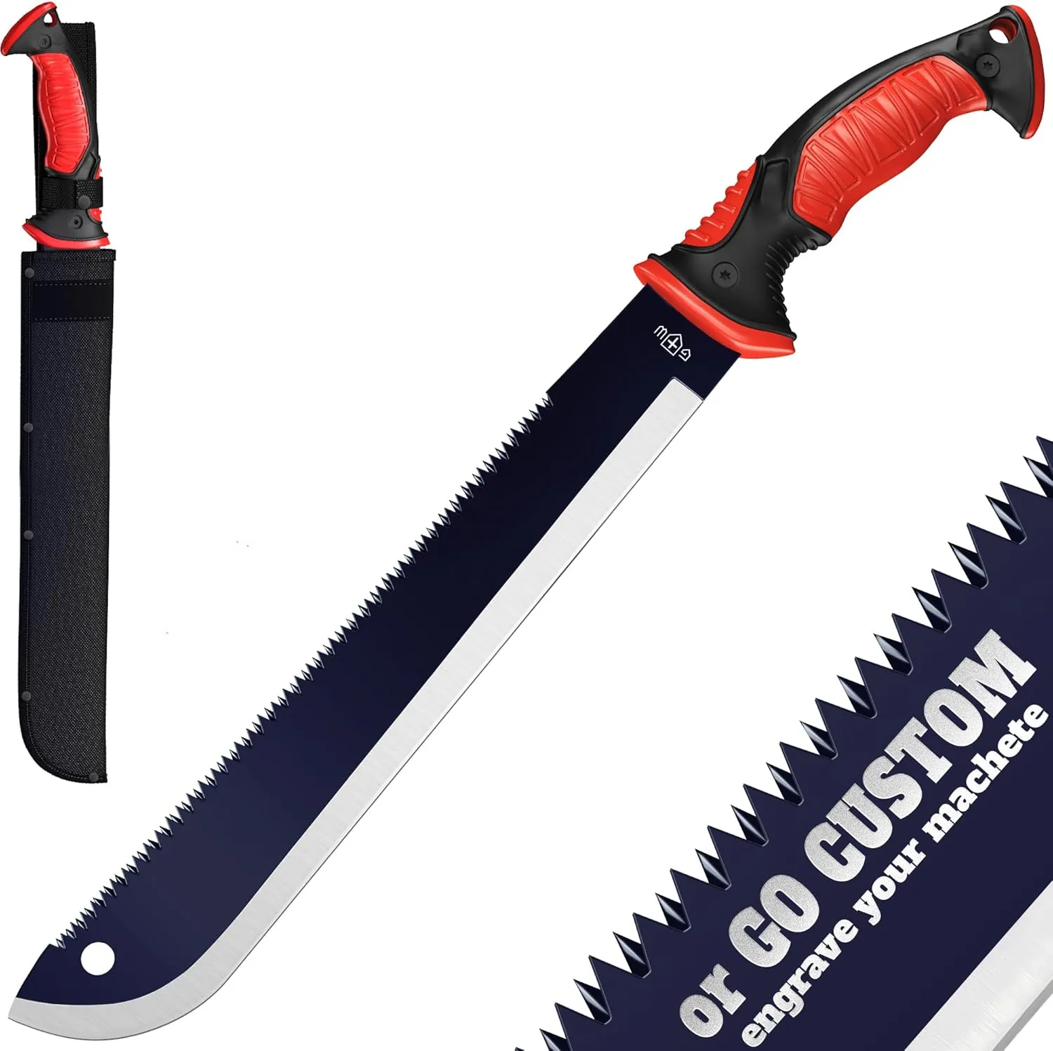 Machete with Saw - 19” Heavy Duty Tool & Sheath - Ergonomic No-Slip Handle - Survival Knife with Serrated Blade - Machetes for Bushcraft Outdoor Hunting Garden Cutting Trees and Yard Work
