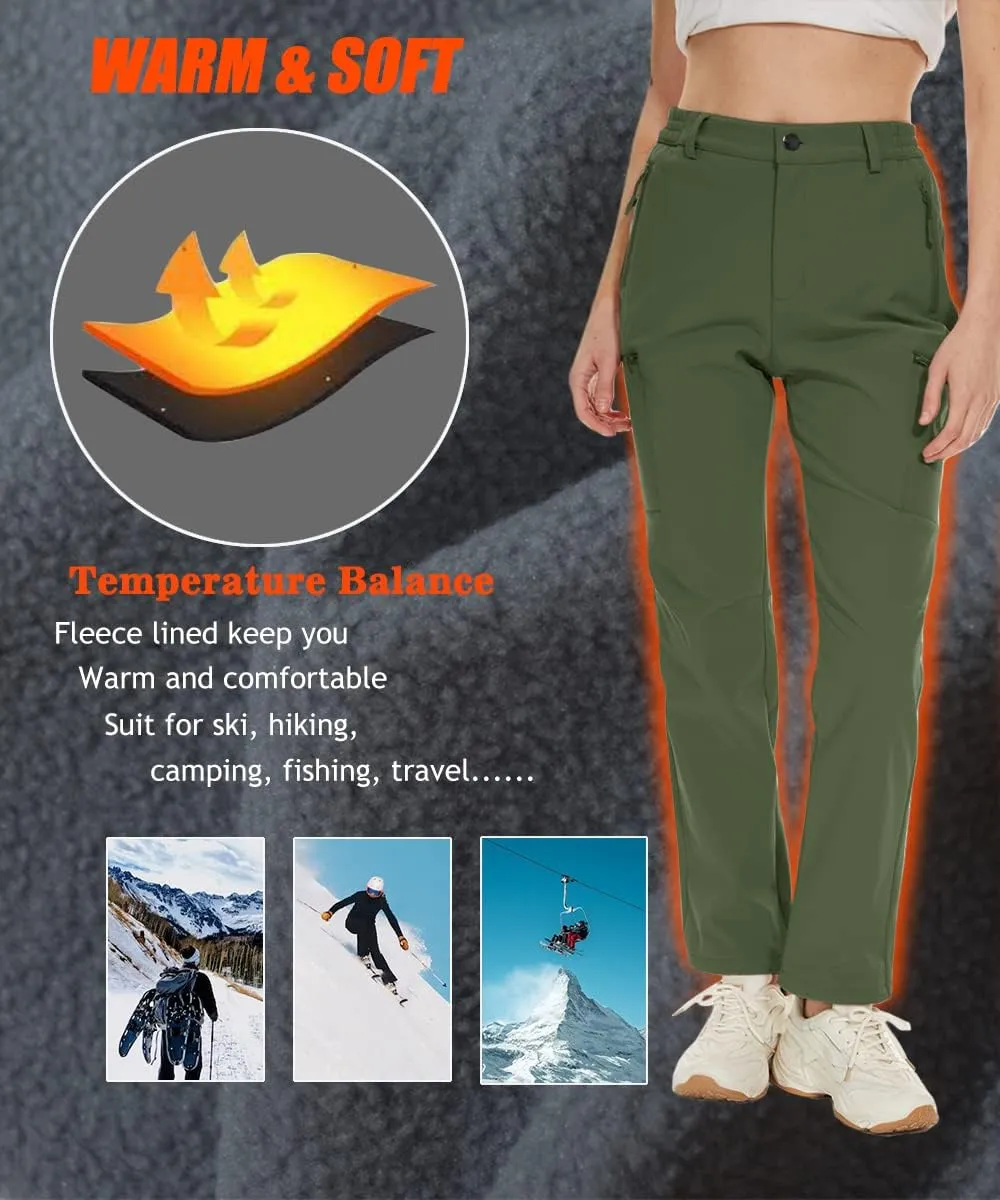 MAGCOMSEN Women's Fleece Lined Hiking Pants Waterproof Insulated Outdoor Snow Ski Pants Warm Winter Softshell Pants