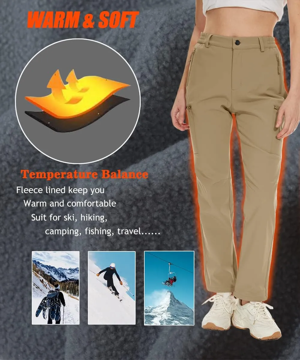 MAGCOMSEN Women's Fleece Lined Hiking Pants Waterproof Insulated Outdoor Snow Ski Pants Warm Winter Softshell Pants