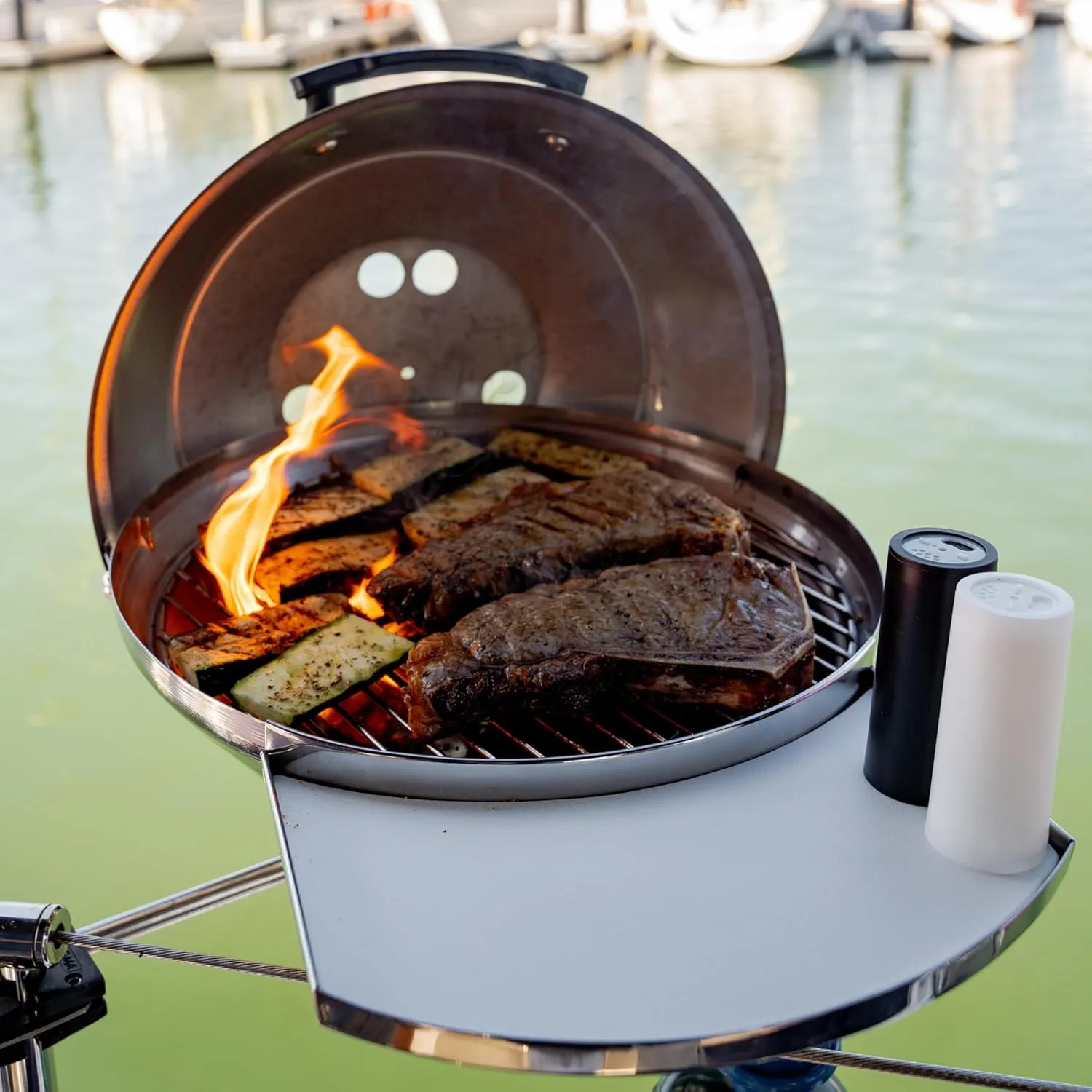 Magma A10-205 Marine Kettle Portable Gas Grill - Stainless Steel BBQ for Boats - Wind-Resistant Design, Safe Propane Connection, Stay Cool Handle - 15" Diameter