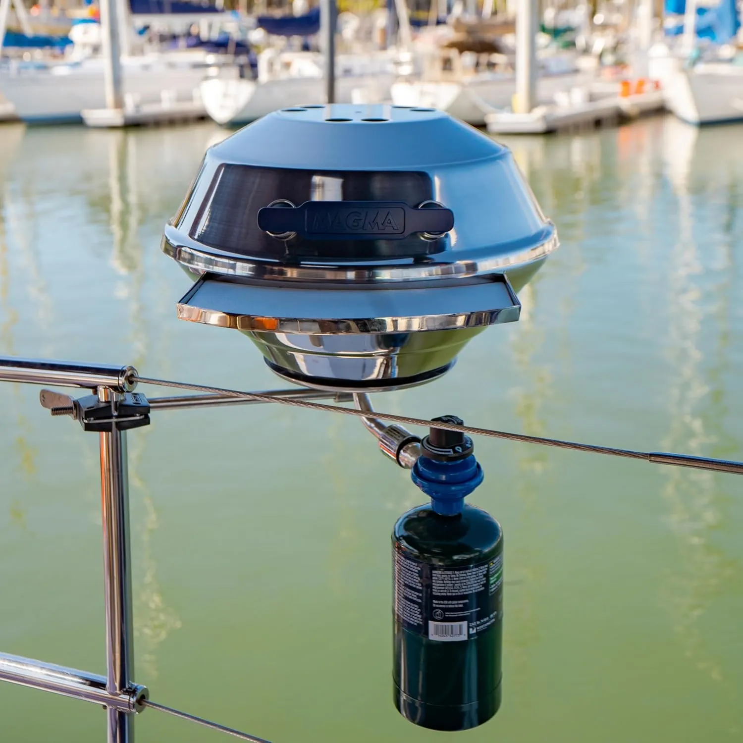 Magma A10-205 Marine Kettle Portable Gas Grill - Stainless Steel BBQ for Boats - Wind-Resistant Design, Safe Propane Connection, Stay Cool Handle - 15" Diameter