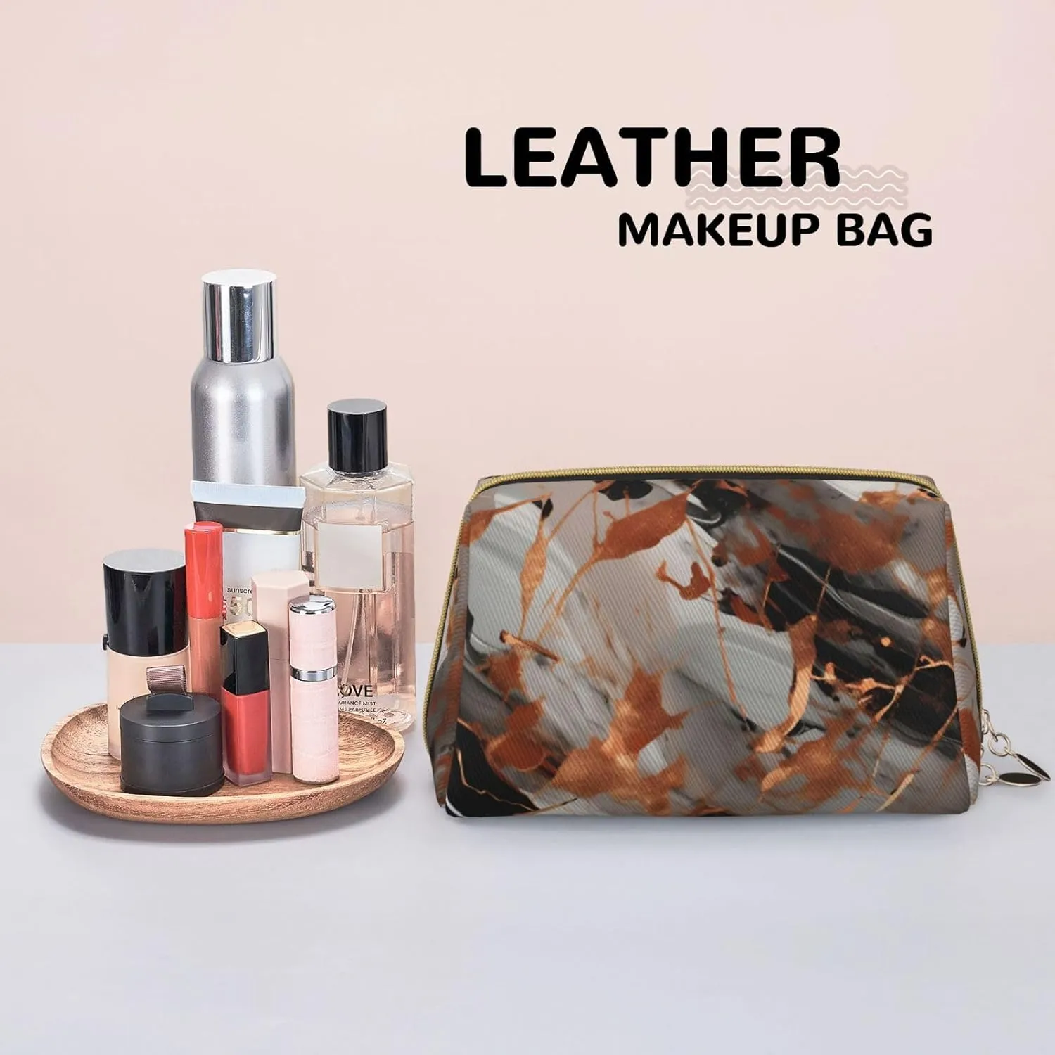 Marble Texture Copper Splatter Toiletry Pouch, Travel-Friendly Makeup Organizer For Makeup Brushes, Lipsticks