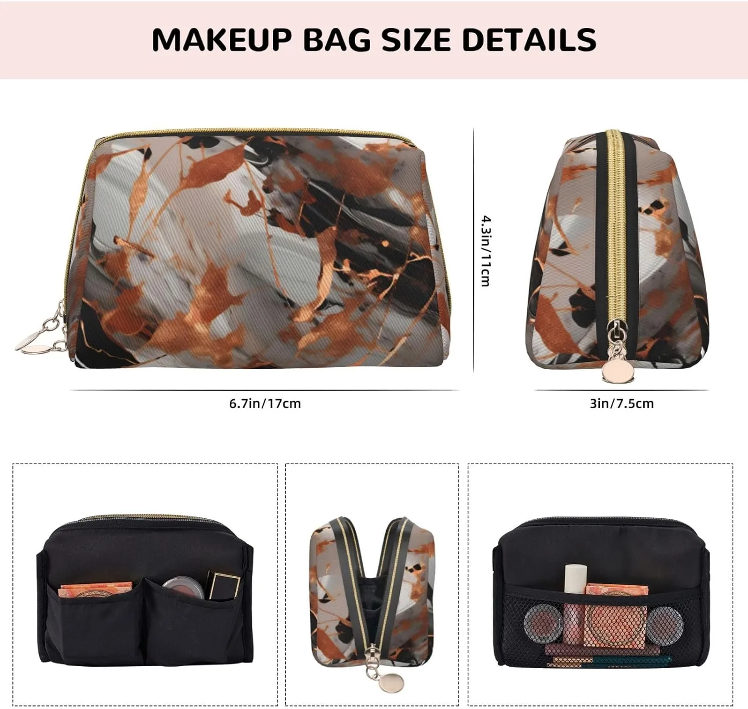 Marble Texture Copper Splatter Toiletry Pouch, Travel-Friendly Makeup Organizer For Makeup Brushes, Lipsticks