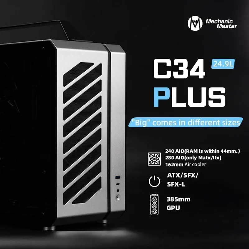 Mechanic Master C34Plus Portable Desktop ATX Case with Aluminum Handle - 5-Slot Mode Switchable, 240mm AIO Compatibility (RAM Height 44mm), Fits Extra-Long GPUs (Moonlight Silver)